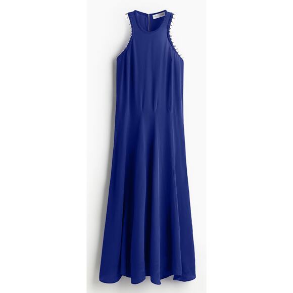 NWT H&M Studio Deep Blue Sleeveless Beaded Detail Maxi Dress Size Large - Picture 1 of 8